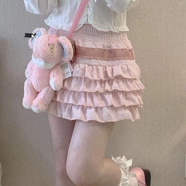 Saias lolita bonito cintura alta lado arco em camadas plissado hem a-line mini kawaii curto para mulheres y2k fada outfit