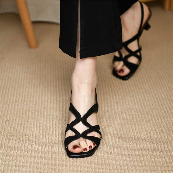 Hüftkreuz hohl quadratische Kopfsandale Offene Zehen Sandalen Rückengurt Sommer Frauen Schwarze High Heels dünn 240228