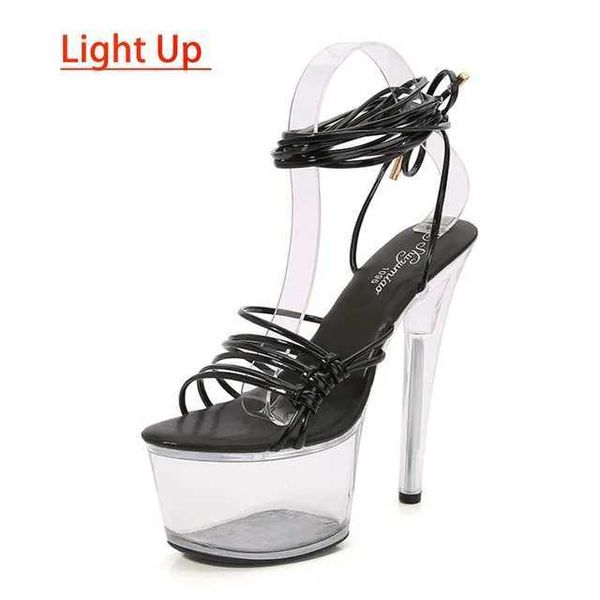 Sapatos de vestido Nightclub LED Light Up High Heels Modelo Walk Show Luminous Sandálias Ankle Lace-up Pole Dancing Mulheres Plataforma Transparente H240321