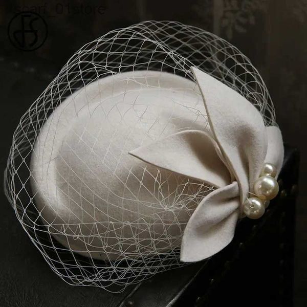 Cappellino Fedora da donna in feltro di pecora bianca berretto C sposa festa di nozze fiore fiore di perla Fedora HousekeeperC24319