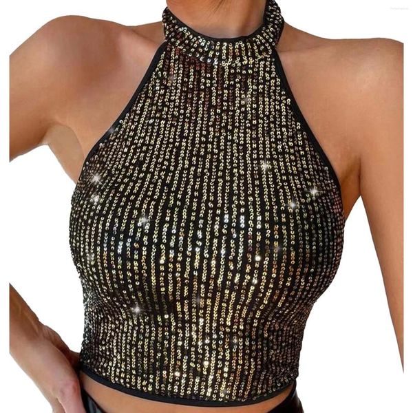 Tanques femininos Mulheres Glittery Lantejoulas Crop Top Raves Party Sexy Roupas Mulher Halter Sem Mangas Colete Backless para Nightclub Music Festival