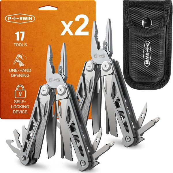 PERWIN Multitool, 2 Packungen 17-in-1-Multitools-Zangen mit Nylonscheide, professionelles Multitool-Überleben, Camping und Jagd, Geschenke für Männer, Vater, Ehemann