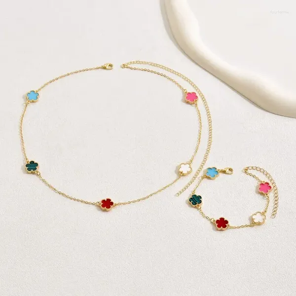 Collana Orecchini Set 2 Pezzi Bracciale Fiore Colorato Design Catena In Rame Placcatura In Oro Gioielli Regalo Di Temperamento Per Donna Di Lusso