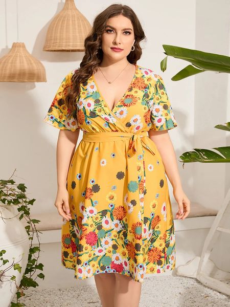 4xl 5xl plus size midi vestido feminino verão com decote em v manga curta floral impressão vestido amarelo para mulheres vestidos de praia tamanho grande 240313