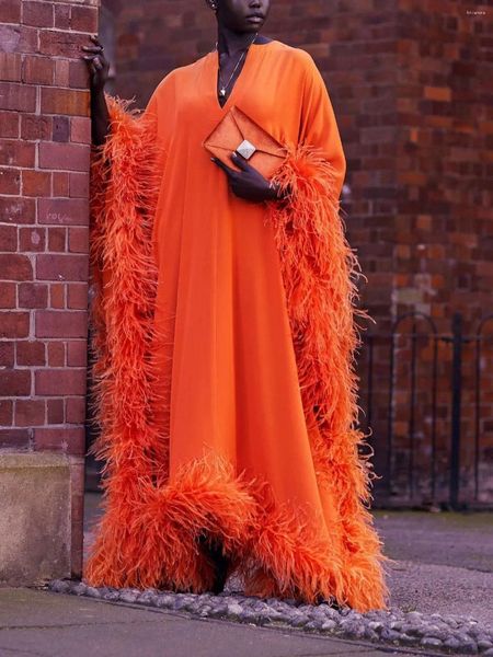 Casual Kleider Luxus Echte Seide Frauen Abendkleid Volle Handamde Straußenfeder Orange Mantel 2024 Sexy V-ausschnitt Lose Party vestido