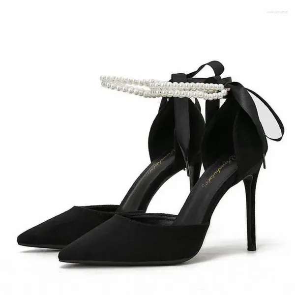 Sapatos de vestido tamanho 33-41 salto stiletto apontado dedo do pé 10cm salto alto pérolas ocas mulheres tornozelo cinta preto sexy