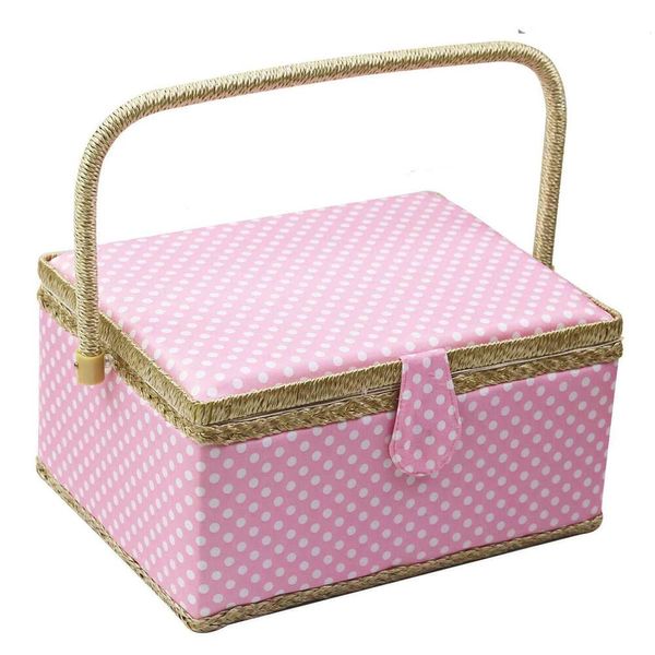 Cesto grande con accessori, scatola organizer in legno e contenitori per artigianato fai da te, kit da cucito, strumenti per rammendare, pois (rosa)