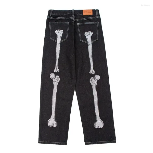 Jeans masculinos estilo escuro esqueleto bordado para homens high street na moda solta perna larga calças tendência casual reta