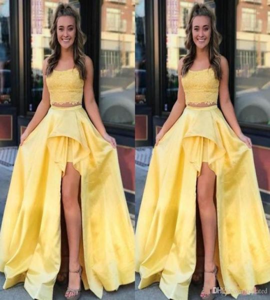 2020 elegante laço amarelo vestidos de baile duas peças lado alto split varredura trem uma linha festa formal vestidos de noite moderno especial occa5483277