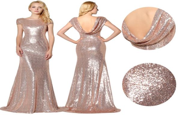 Stokta Sparkly Gül Gold Sequins Nedime Elbiseleri 2019 Mücevher Kısa Kollu Onur Hizmet Hizmetçisi Bling Balboyu Elbise Akşam Elbise 3470051