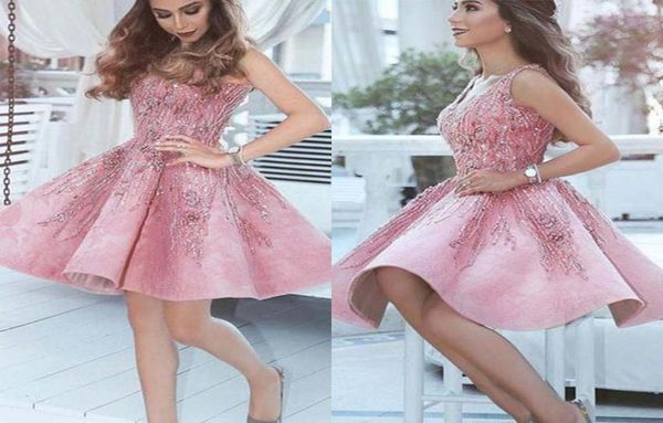 2019 nova chegada curto árabe rosa vestido de baile uma linha com decote em v juniores doce 15 vestido de festa de formatura plus size custo9187273