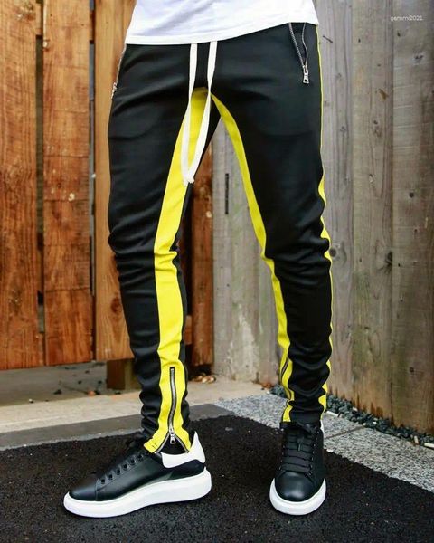 Erkek pantolon sokak kıyafeti spor spor moda dikiş erkek yığılmış eşofmanları tanımsız joggers eşofman zipper cep