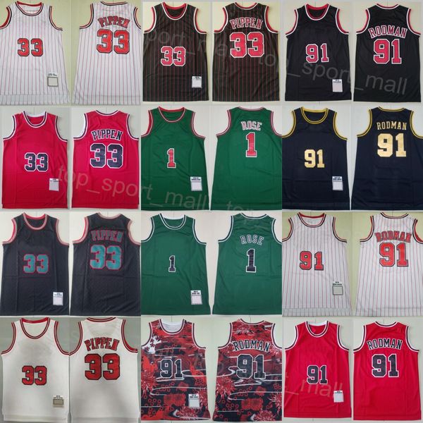 Erkek Vintage Basketbol Scottie Pippen Jersey 33 Gerileme Dennis Rodman 91 Derrick Rose 1 Michael 23 Gömlek Takımı Kırmızı Mavi Beyaz Yeşil Renk Retro Çizelgesi