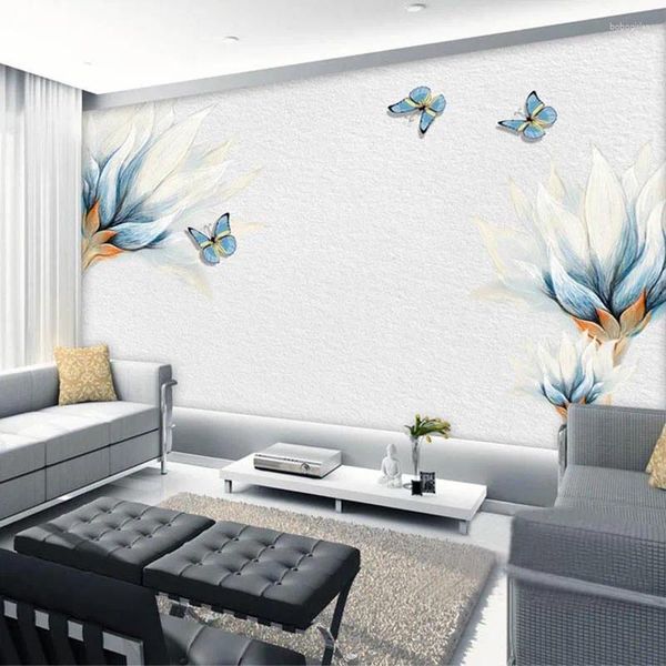 Wallpapers moderno simples flor azul borboleta pintura a óleo mural papel de parede sala de estar tv sofá fundo parede decoração de casa papel de parede