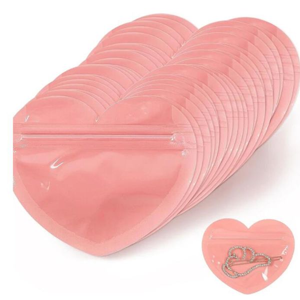 Sacchetti con chiusura a zip a cuore Sacchetti sigillanti con cerniera piatta trasparente in plastica rossa/rosa a forma di cuore d'amore Sacchetti regalo per gioielli e caramelle per San Valentino