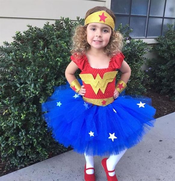 Halloween Wonder Woman Kostüm für Baby Mädchen Kleid Kleidung Weihnachten Kind Verkleidung Cartoon Spitze TUTU Rock Kind Sling Cosplay F3093364