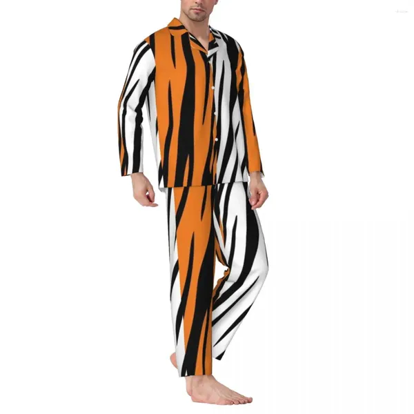 Homens sleepwear pijamas homens tigre listras lazer dois tons impressão 2 peças retro pijama conjuntos de mangas compridas na moda oversize casa terno