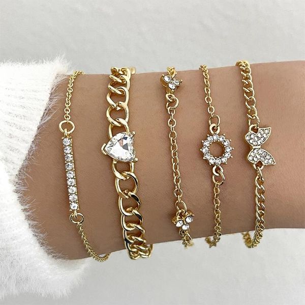 Charm Bilezikler Sindlan 5pcs Kpop Kristal Kelebek Altın Renk Zinciri Kadınlar için Y2K Kalp Geometrik Set Moda Takı Hediye Pulseras