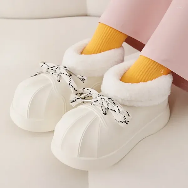 Chinelos femininos botas de chuva inverno quente pelúcia não deslizamento bonito robusto dedo do pé redondo tornozelo bota sola grossa eva impermeável ao ar livre sapatos de algodão menina