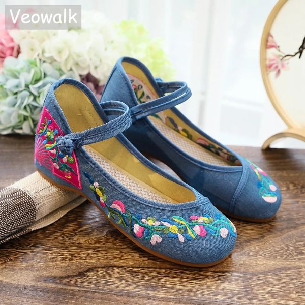 Flats Veowalk Fan cinese Donne ricamate da donna in denim Ballet cotone piatti da donna comodi casual scarpe da passeggio non slittanti blu rosso