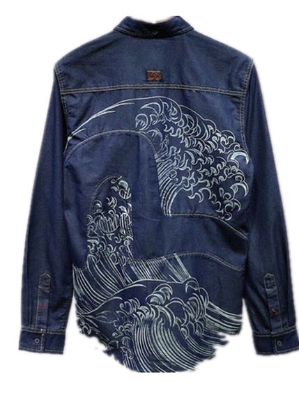 2024 neue Mode Männer Revers Herbst/Winter neue Denim Wasser Waschen Hemd Tasche warme Mäntel Hemd gewaschen Seagull Roboter Wellen Denim Jacke Mantel