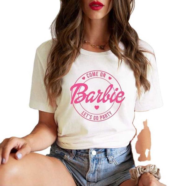 Elegante Barbie Tema O-pescoço Impresso Manga Curta Camiseta Feminina 100% Algodão Fácil de Usar Pulôver Feminino