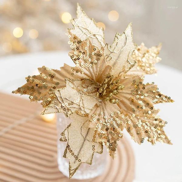 Decorações de natal artesanato glitter grandes flores artificiais decoração lantejoulas falso para diy natal ano casamento decoração para casa