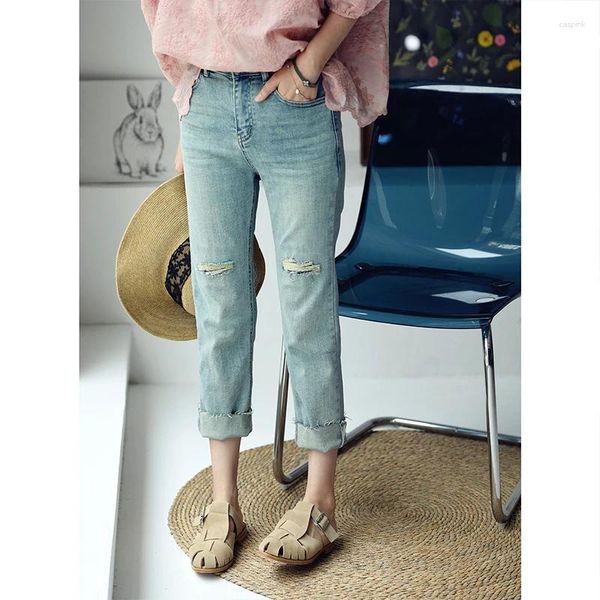 Jeans da donna MICOCO N0322C Artistic Wash Made Old Strappato Slim Vita alta Pipa da nove centesimi