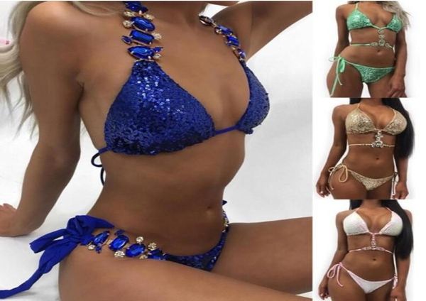 Sexy Frauen Glitzer Pailletten Kristall Bademode Zweiteiliger Badeanzug Bikini Set Gold Grün Blau Pushup Gepolsterter Badeanzug Beachwear57296017421