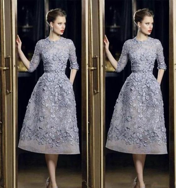 Abiti da sera Elie Saab Abiti eleganti in pizzo con applicazioni ALine Abiti da ballo 34 Maniche lunghe Lunghezza tè Vestito formale sexy da celebrità Cus7621101