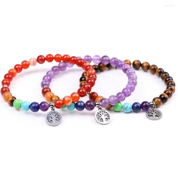 Strang 7 Chakra Naturkristall Armband Edelstahl Baum des Lebens Gebet Heilung Amethyste Rote Achate Stretch Armreif Meditation