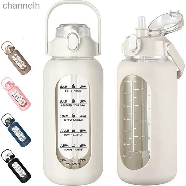 Wasserflaschen 1000 ml Glaswasserflaschen mit Strohhalm, Glasflasche mit Silikonhülle und Zeitmarkierung für Fitnessstudio, Camping, Zuhause, Büro yq240320