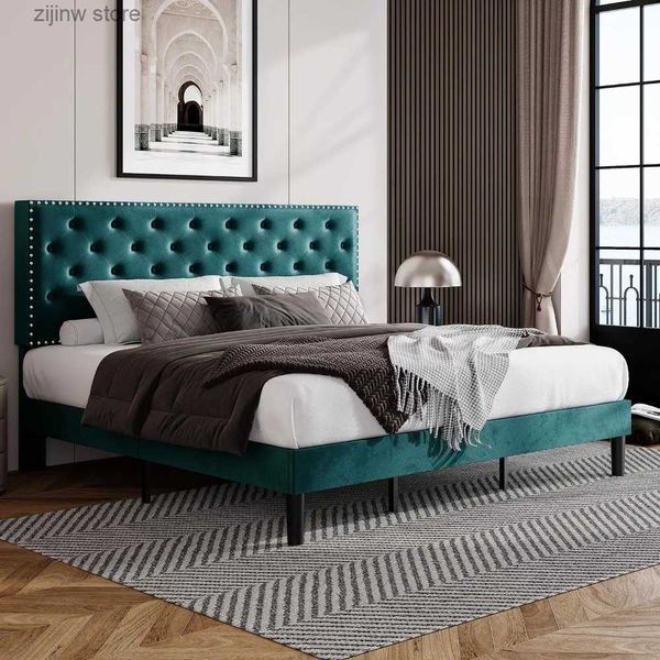 Outros suprimentos de cama Cama grande estrutura de veludo almofada plataforma cama com botão de diamante ajustável tufo e cabeça de prego decorativa placa superior cama Y240320