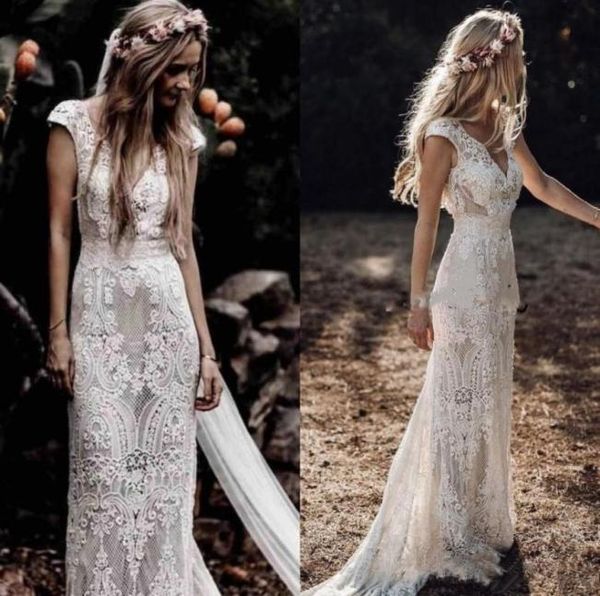 Abiti da sposa a sirena in pizzo di cotone all'uncinetto della Boemia Abiti da sposa maniche a mantella 2022 Hppie Style Beach Boho Country Sposa vintage D3000739