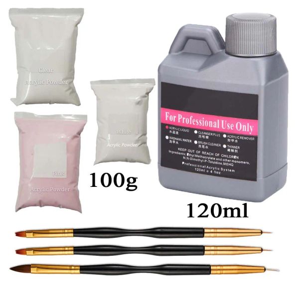 Bottiglie 100g Polvere acrilica per unghie nude Cristallo Rosa Estensionedippingengraving Polvere acrilica per unghie Clearwhite + liquido di cristallo + pennello per unghie