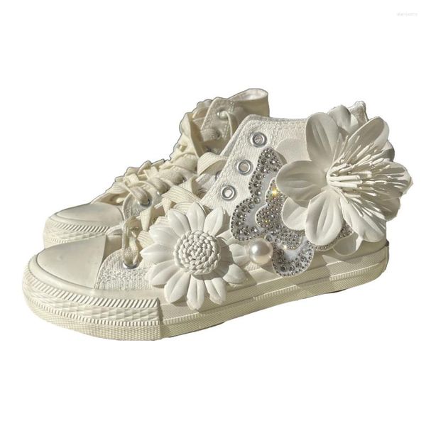Sıradan Ayakkabı Spor Ayakkabı Beyaz Çiçek Kristal Yay Büyük İnci El Yapıştırılmış Yapışkan Yumuşak Konforlu Özelleştir Renkli Kadın Tuval 2cm Düz