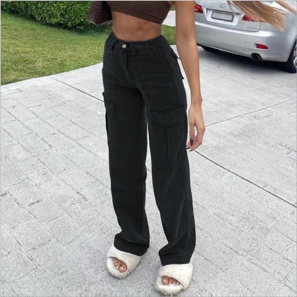 Calças de brim femininas mulheres largas perna baggy marrom streetwear senhora y2k punk cintura alta preto solto calças jeans bolsos vintage calças de grandes dimensões