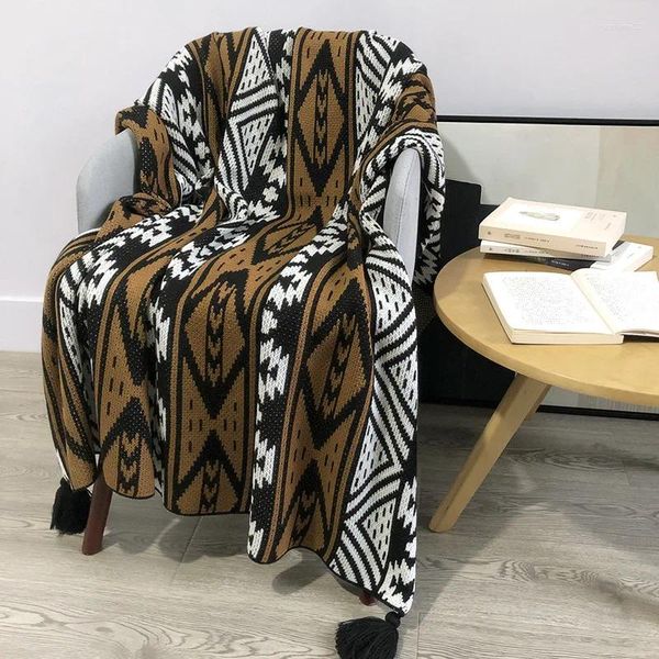 Coperte Coperta da tiro in cotone con geometria stile americano con nappa per divano, copriletto, copriletto, decorazioni per la casa