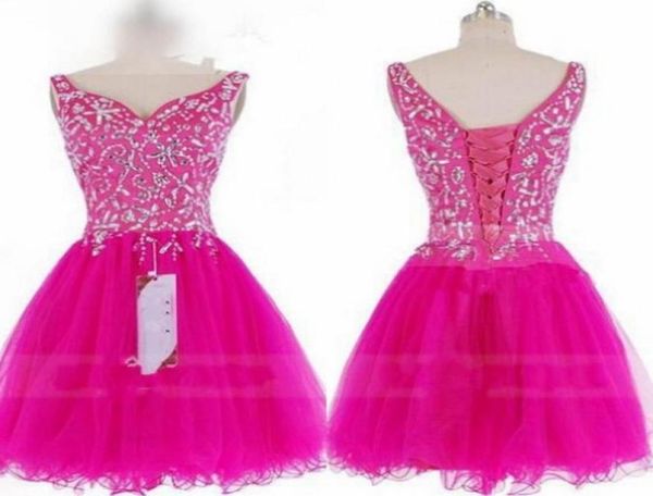 Pembe Kısa Tül Partisi Prom Homecoming Elbiseler Gerçek Po V Neck Korse Geri Rhinestones Boncuklu Mezuniyet Kokteyli DR5233639