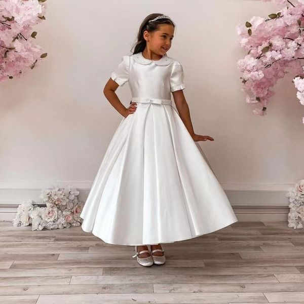 Elegantes vestidos curtos de cetim branco para dama de honra com bolsos, linha A, decote em joia, vestidos de comunhão com contas, vestido formal de festa, comprimento até o tornozelo, vestidos de convidados de casamento para meninas