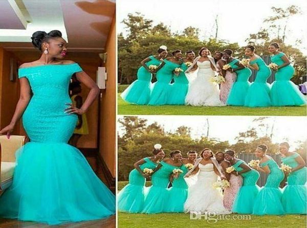 2019 África do Sul Nigeriano Júnior Vestidos de Dama de Honra Plus Size Sereia Maid Of Honor Vestidos para Casamento Fora Do Ombro Turquesa Tull2606529