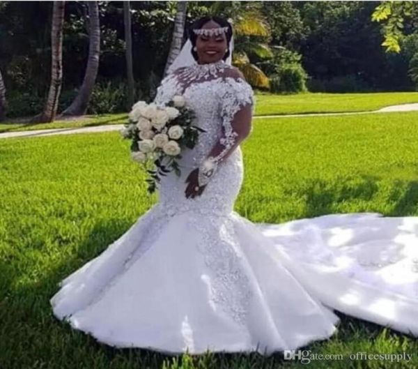 Vestidos de noiva africanos plus size vestidos de casamento decote alto ilusão manga longa apliques frisado sereia tribunal train3581134