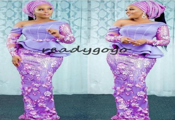 Abiti da spettacolo da sera color lavanda stile Aso Ebi con maniche lunghe 2020 Abito da damigella d'onore con motivo floreale africano nigeriano in pizzo 3D8547774