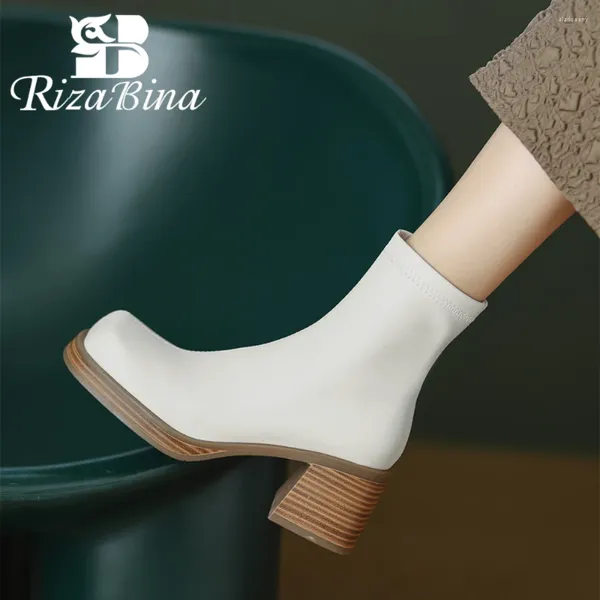 Stiefel RIZABINA Frauen Knöchel Echtleder Elastische Socken Quadratischer Zeh Block Mittlerer Absatz Kurzer Reißverschluss Design Elegante Modeschuhe