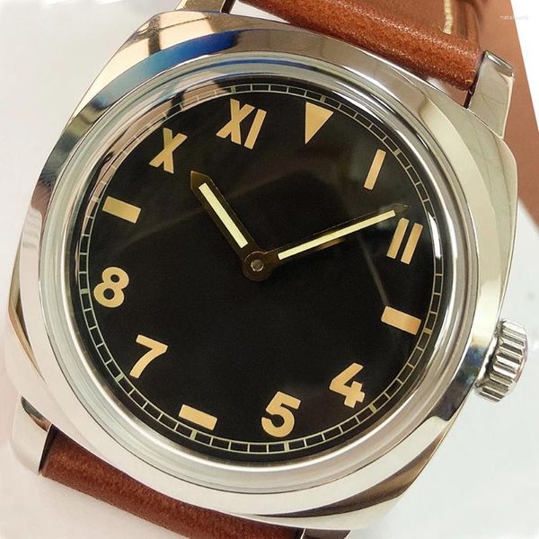 Relógios de pulso 47mm relógio masculino manual enrolamento movimento mecânico militar luxo prata polido 316l caso pulseira de couro à prova d'água