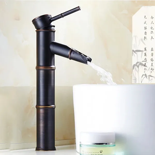 Смесители для раковины в ванной, черный смеситель с водопадом, высокий бамбуковый кран для воды, ретро латунный смеситель для раковины с одним отверстием