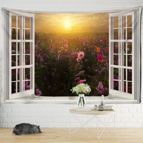 Arazzo da giardino fuori dalla porta bohémien appeso a parete campo di fiori finestra decorazione stampa artistica astratta 240314