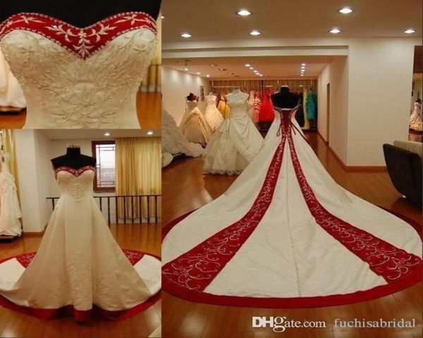 2020 estilo vintage plus size vestidos de casamento bordado de prata em cetim marfim e vermelho até o chão vestidos de noiva custom made8192012