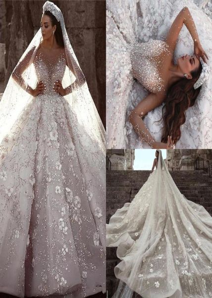 Elie Saab 2020 vestido de baile longo Sleeevs vestidos de casamento luxo cristal frisado flores 3D rendas plus size árabe saudita Dubai nupcial go5553022