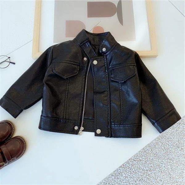 2024 meninos meninos Black Pu Zipper Jackets Kids Baby Leather Jacket Primavera outono casaco legal Crianças Roupas de roupas 2-6t 240319